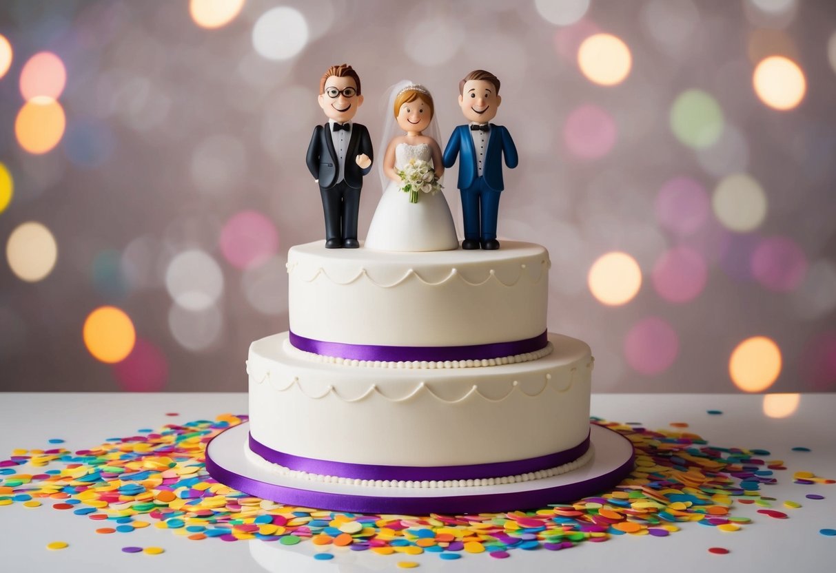 A wedding cake with comical toppers and colorful confetti scattered around