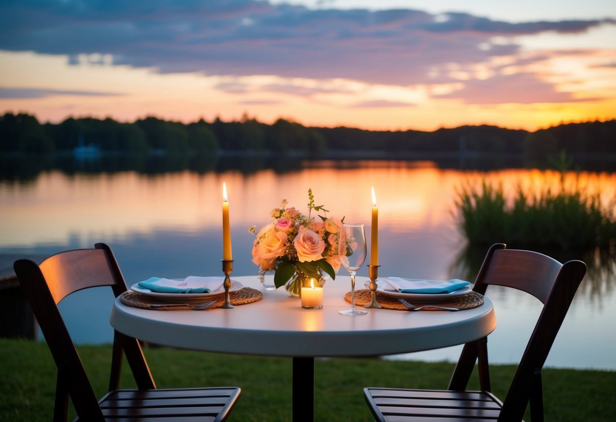 A table set for two, adorned with flowers and candles, overlooking a serene lake at sunset