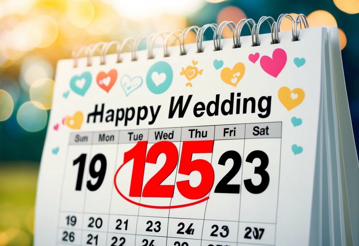A calendar with a highlighted wedding date circled in red, surrounded by happy symbols and decorations