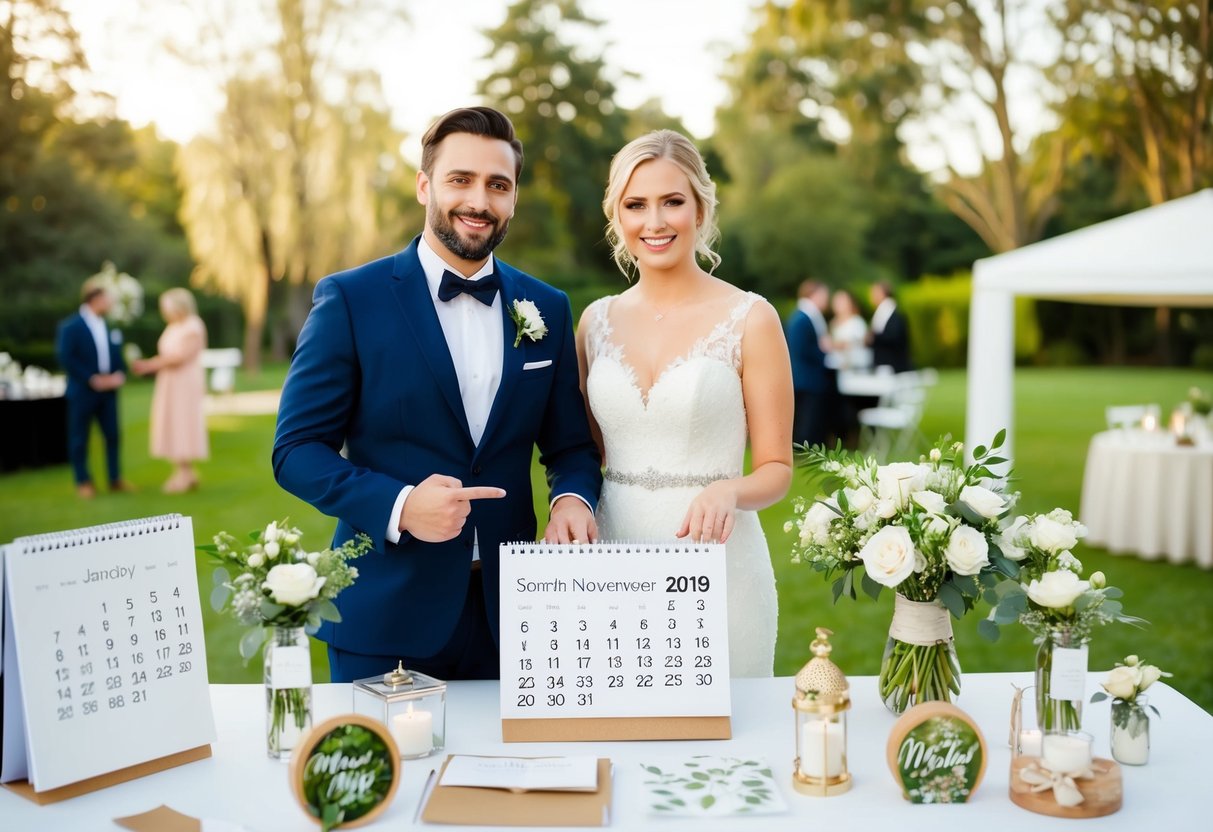 A couple stands surrounded by wedding vendors and venues, pointing to a calendar with their chosen wedding date highlighted