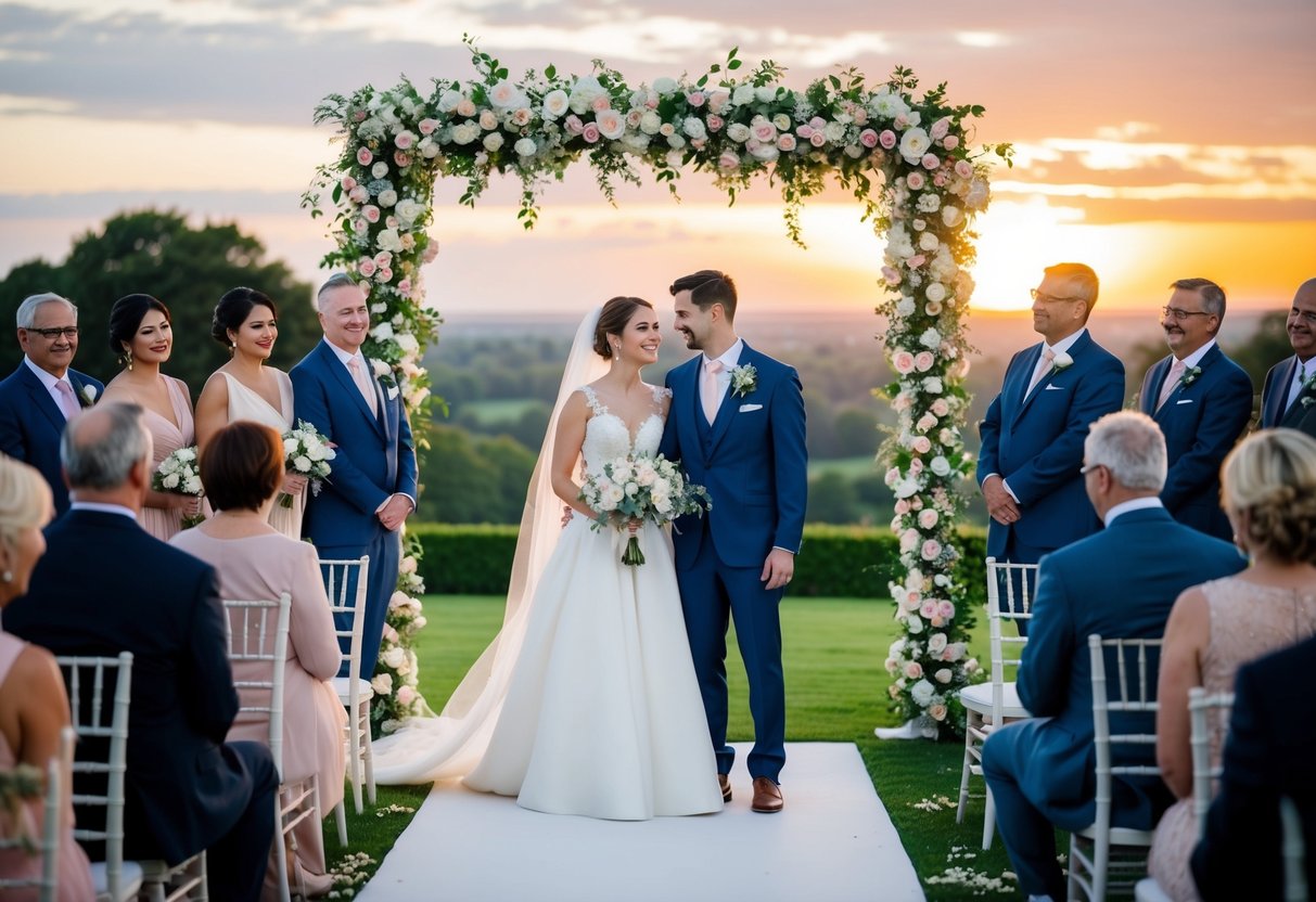 A bride and groom standing beneath a floral arch, surrounded by guests in elegant attire, with a picturesque sunset in the background