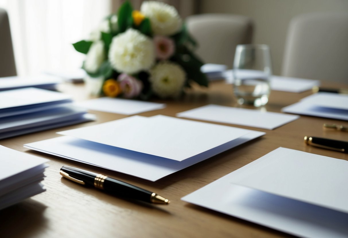 A table scattered with elegant stationery, a pen poised over blank cards, and a bouquet of fresh flowers in the background