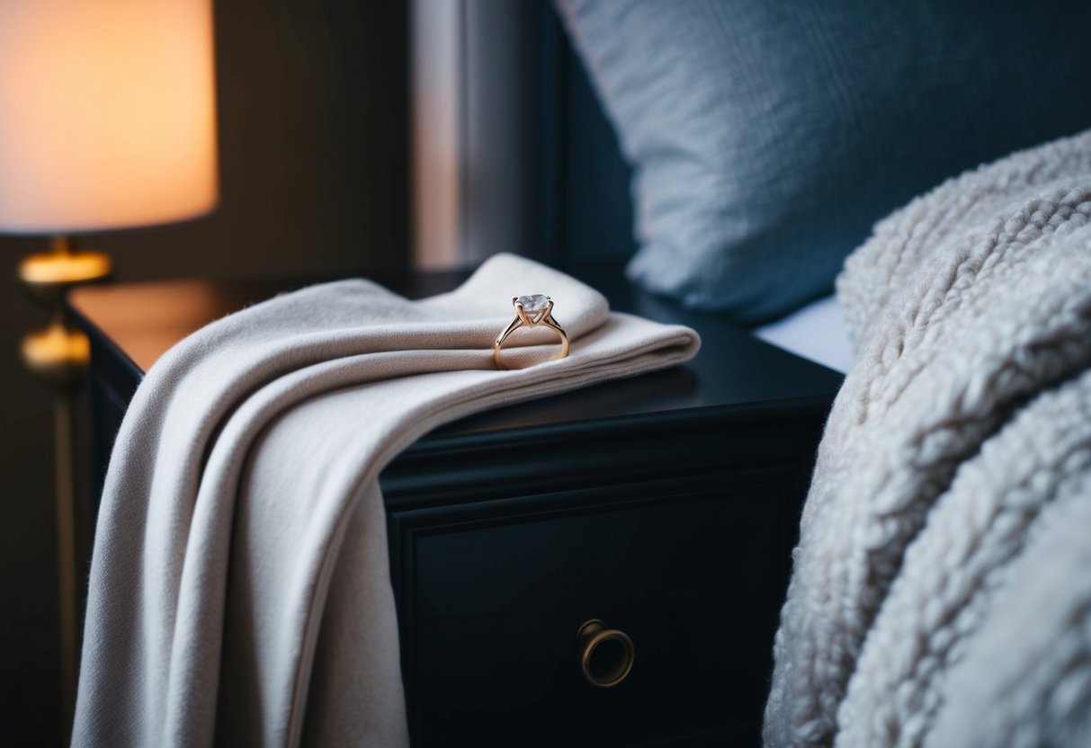 A bedside table with an engagement ring resting on top, surrounded by a soft, cozy blanket and dim lighting