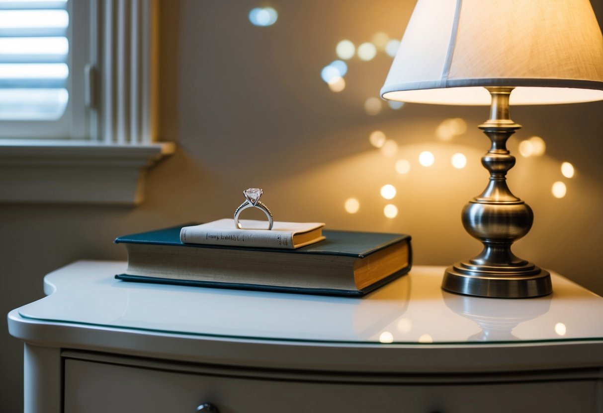 A bedside table with an engagement ring resting on top, next to a lamp and a book