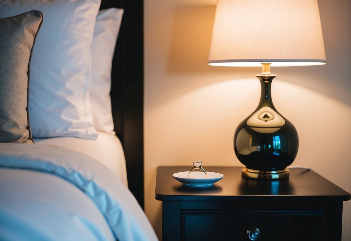 A bedside table with a small dish holding an engagement ring, next to a softly glowing lamp