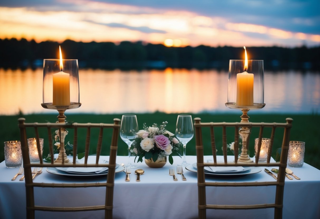 A romantic table setting with two elegant chairs, adorned with candles, flowers, and fine dinnerware, set against a backdrop of a sunset over a serene lake