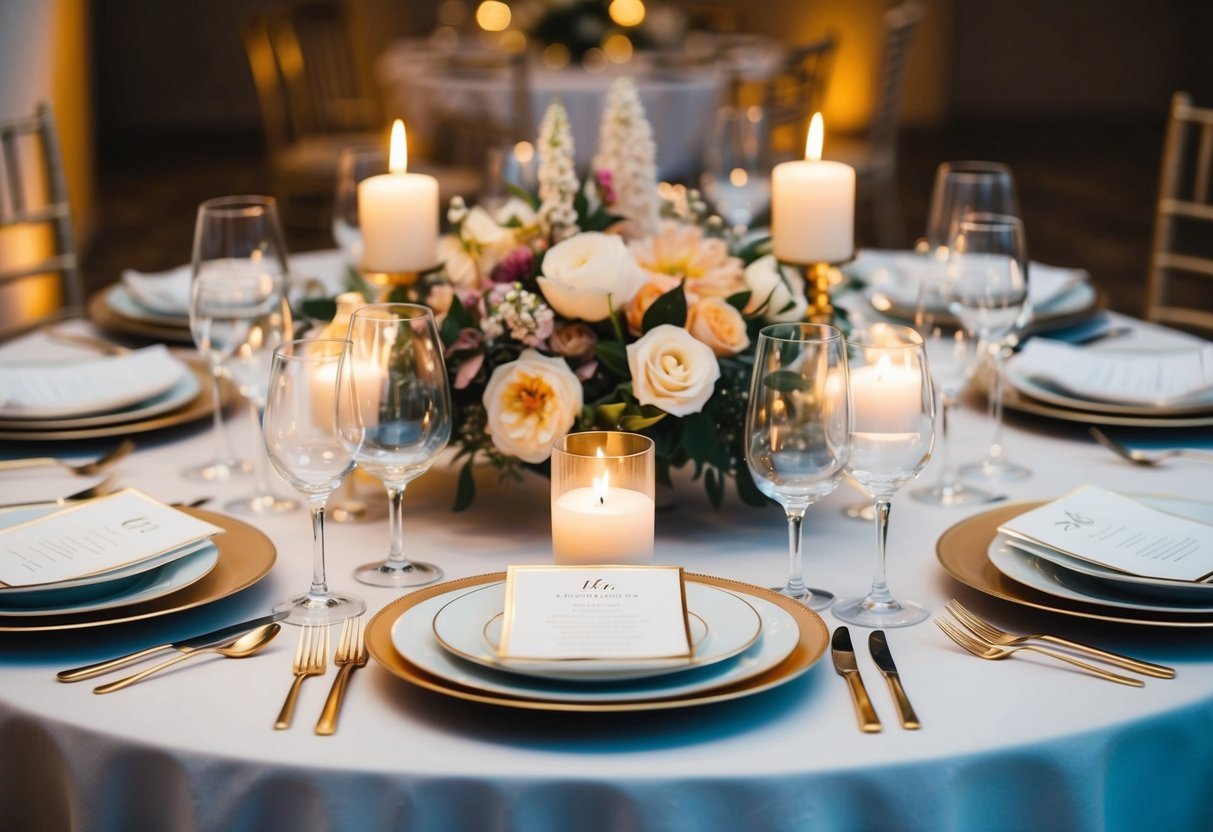 A beautifully set table with elegant place settings, soft candlelight, and a stunning floral centerpiece