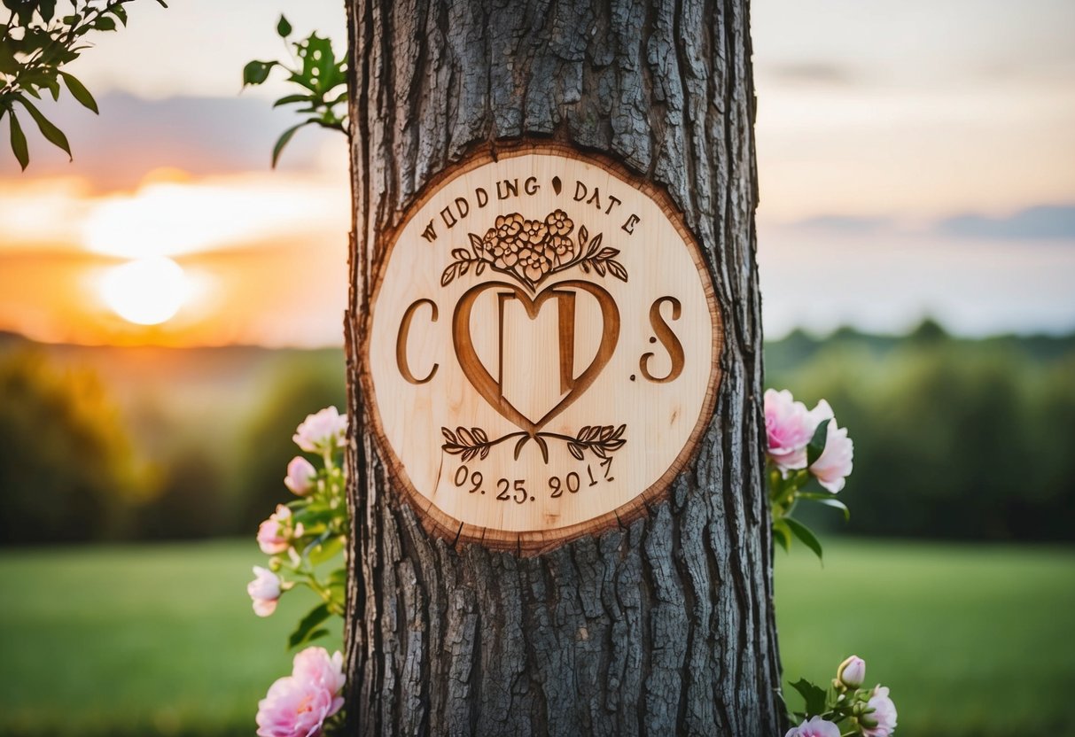 A couple's initials carved into a tree trunk with the wedding date underneath, surrounded by blooming flowers and a serene sunset in the background