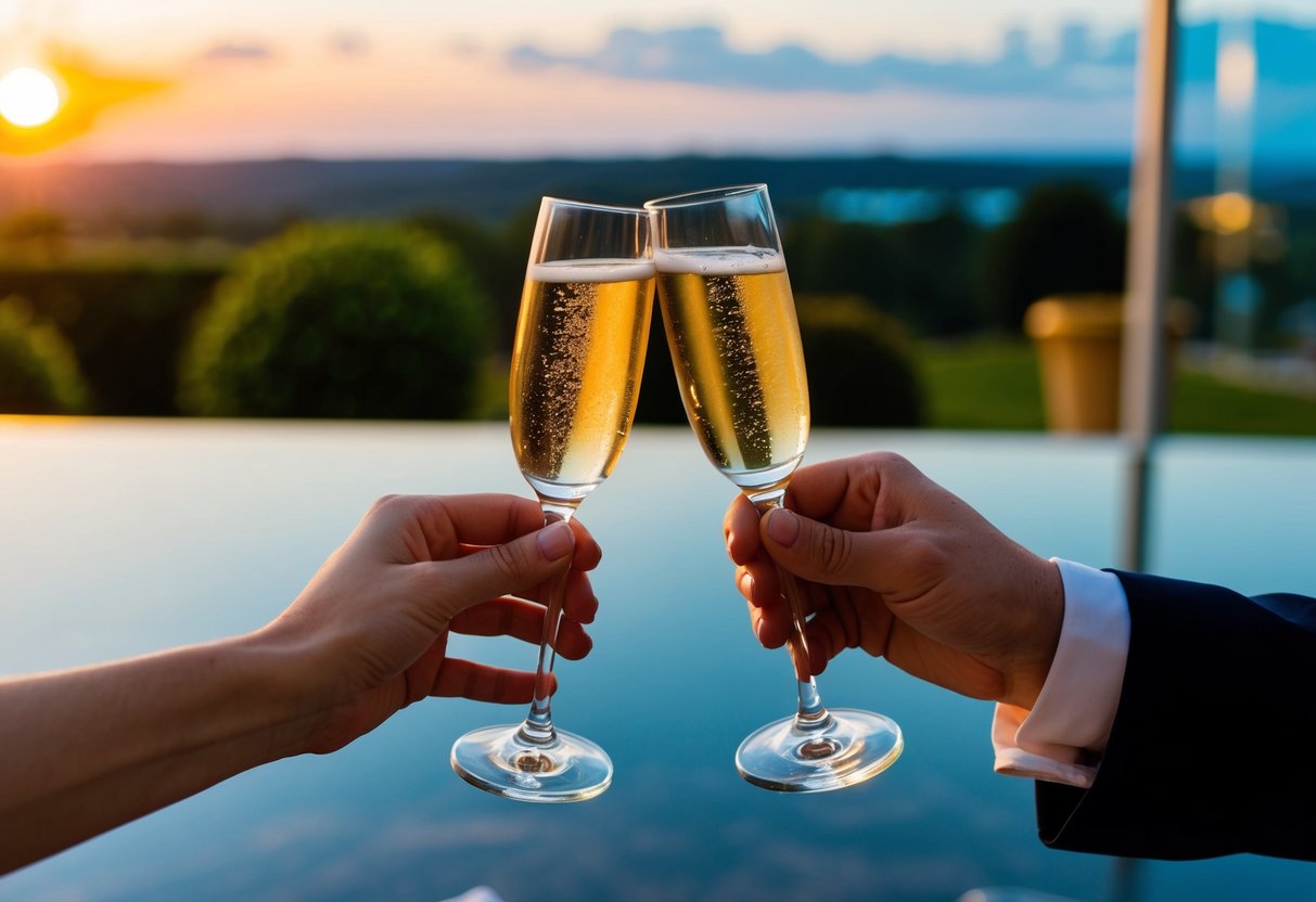 A couple's hands holding champagne glasses, with a scenic background of a sunset or a beautiful wedding venue