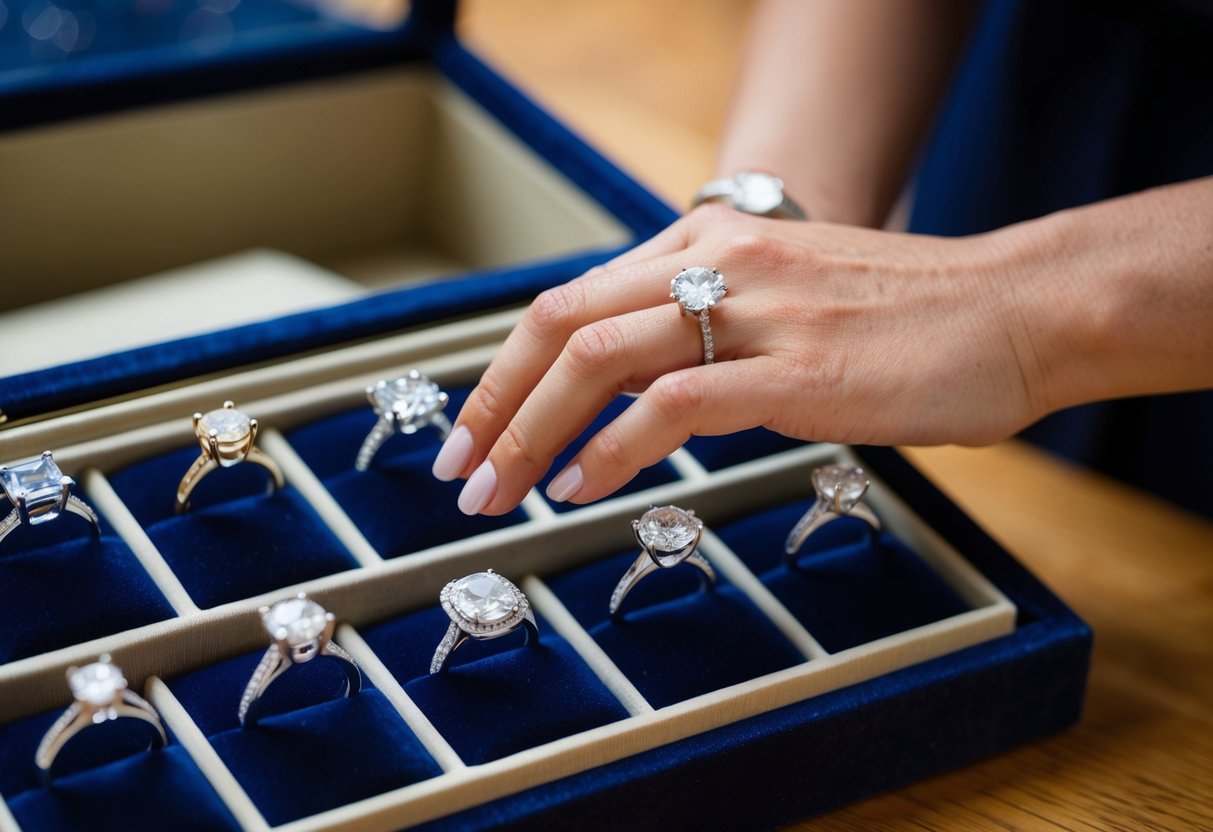 A woman's hand hovers over a selection of sparkling engagement rings displayed in a velvet-lined glass case