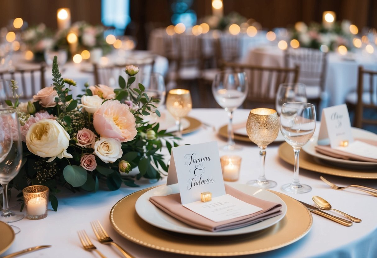 A wedding date caption: A beautifully set table with elegant place cards and floral centerpieces, ready for a romantic celebration