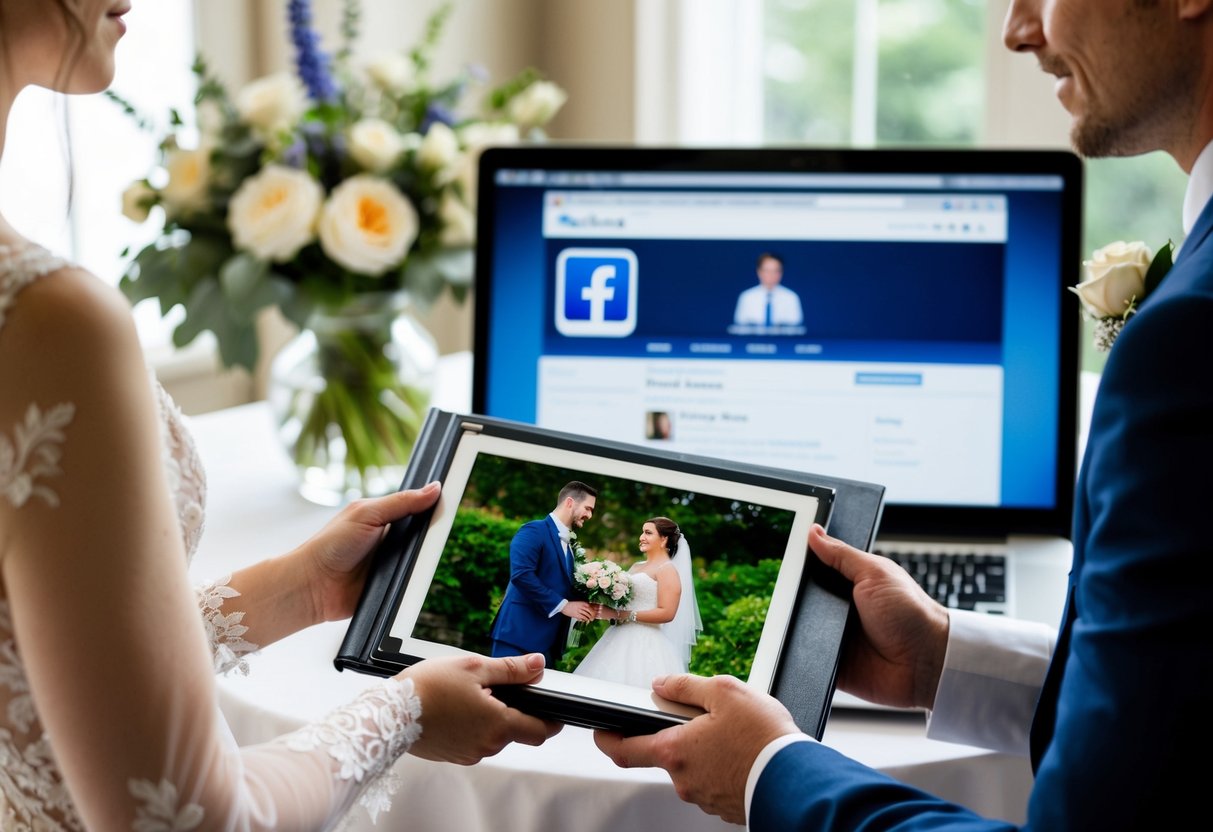 A bride and groom's hands holding a wedding photo album, with a computer screen in the background showing a Facebook profile