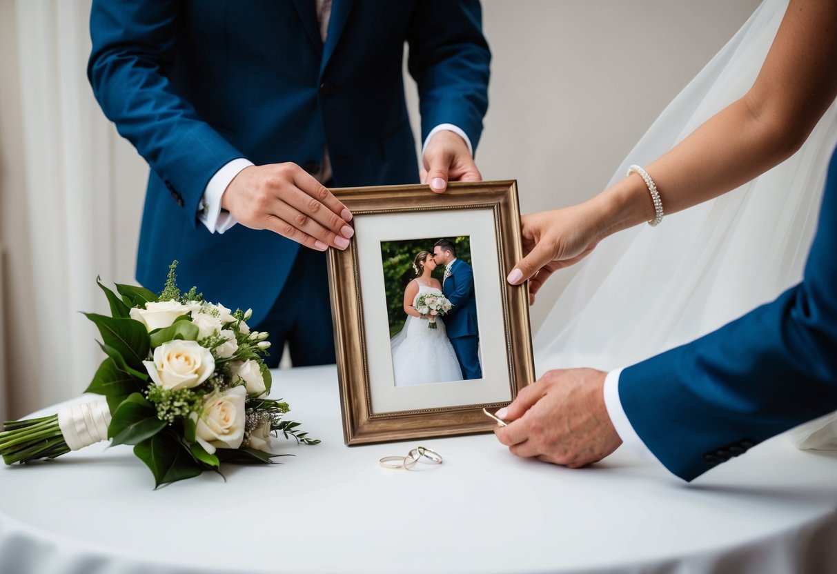 A bride and groom's hands placing a wedding photo in a frame on a table with a bouquet and wedding rings nearby