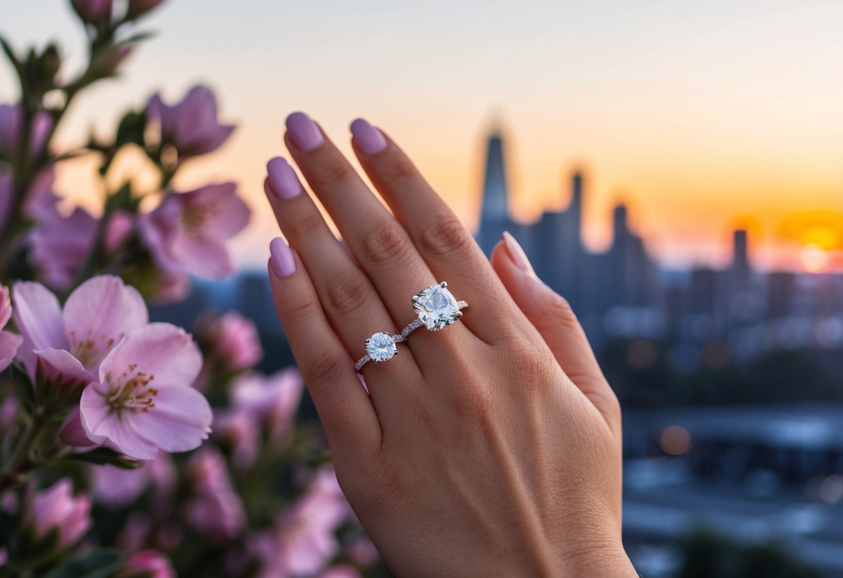 A hand holding a sparkling diamond ring against a backdrop of blooming flowers and a sunset-lit skyline