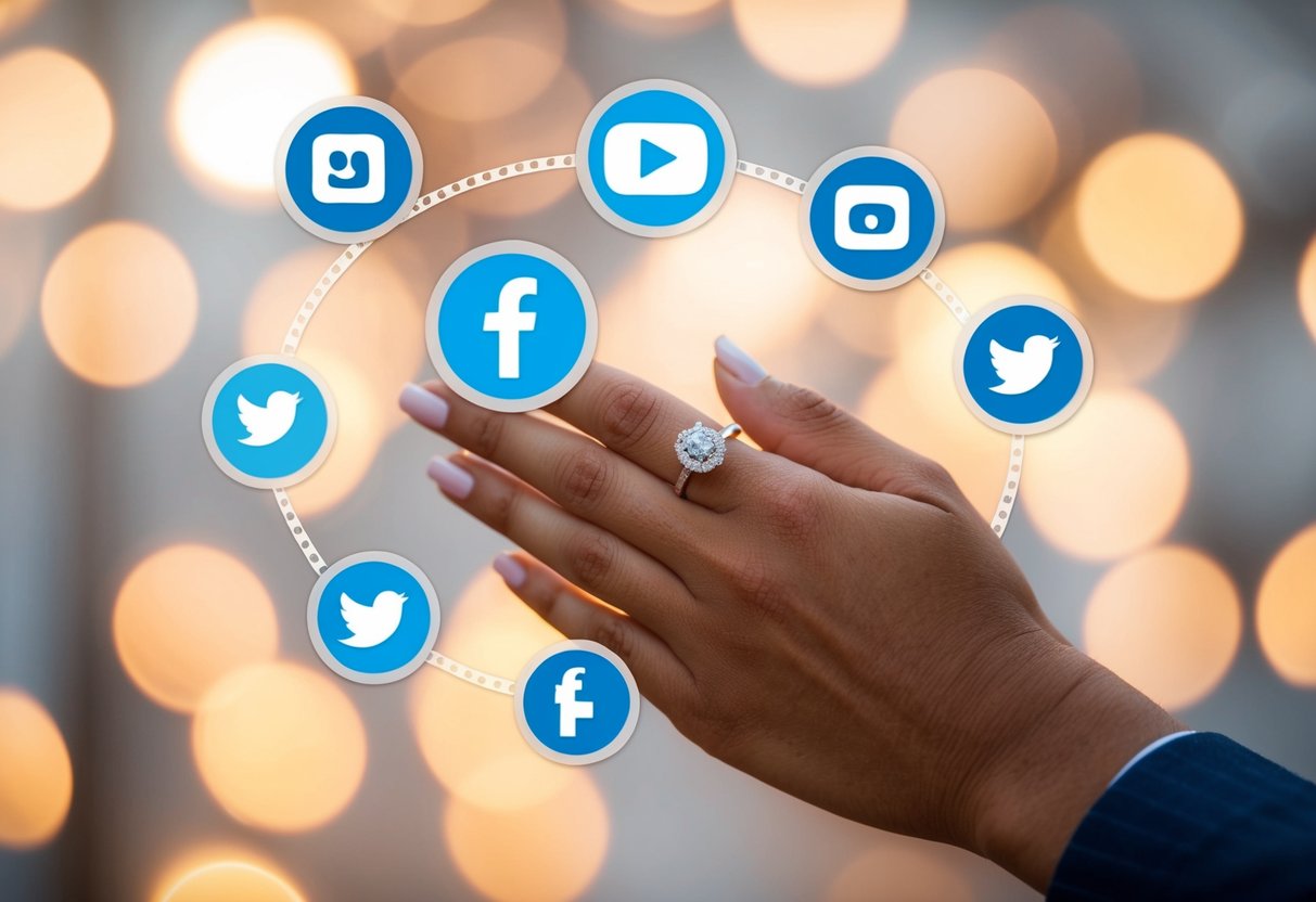A hand holding an engagement ring, surrounded by social media icons