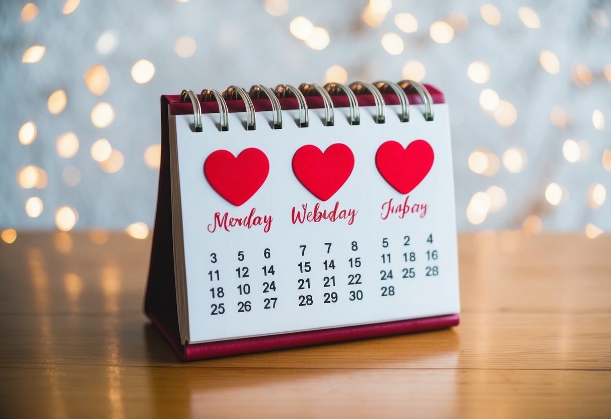 A calendar with a heart-shaped sticker on the wedding date