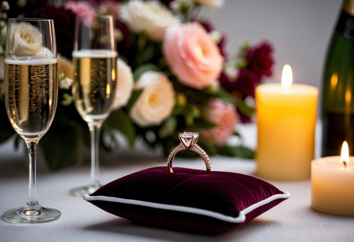 A ring placed on a velvet pillow, surrounded by flowers and candles, with champagne glasses nearby
