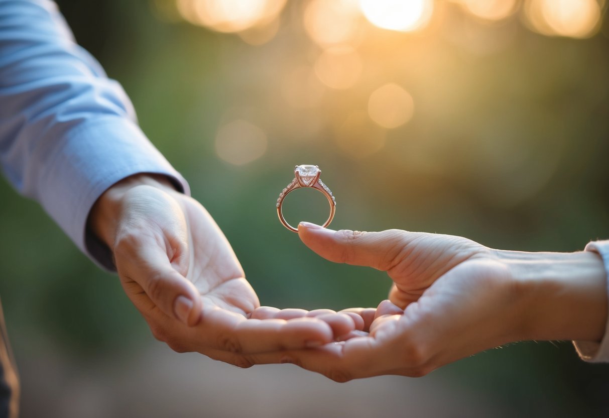 A hand holding a diamond ring out towards another hand, with a romantic and hopeful expression on their faces