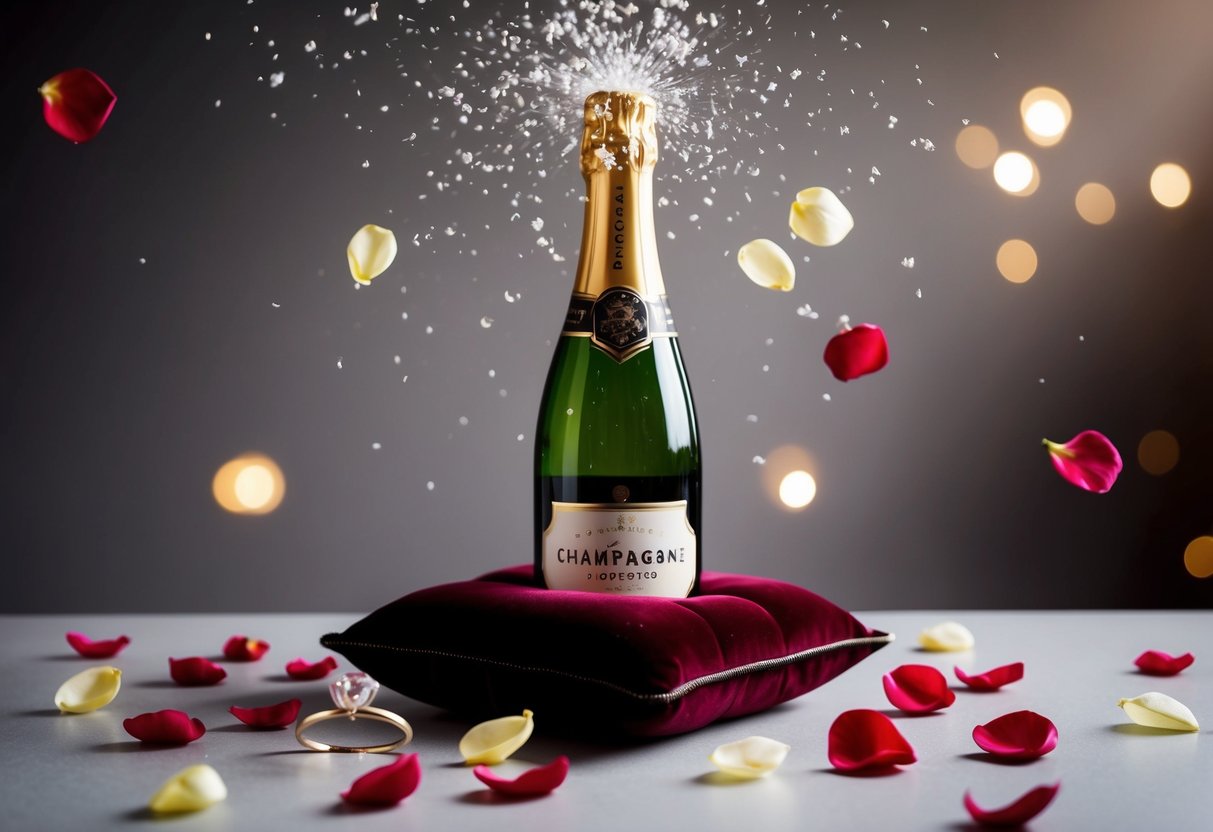 A champagne bottle pops, surrounded by scattered rose petals and a sparkling ring on a velvet cushion