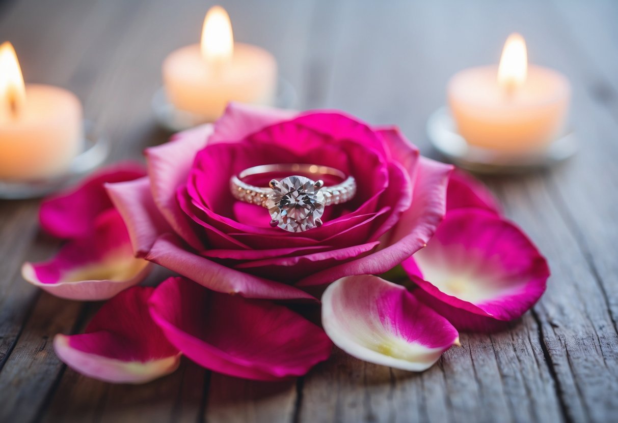 A wedding ring resting on a bed of rose petals, surrounded by soft candlelight