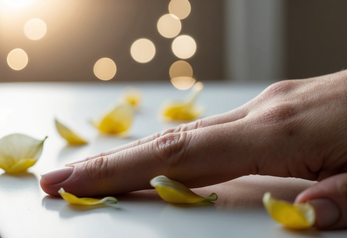 A bare finger resting on a table, surrounded by scattered petals and a faint glimmer of light