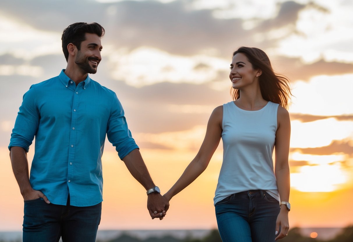 A couple standing side by side, holding hands and smiling, with a backdrop of a beautiful sunset or scenic landscape