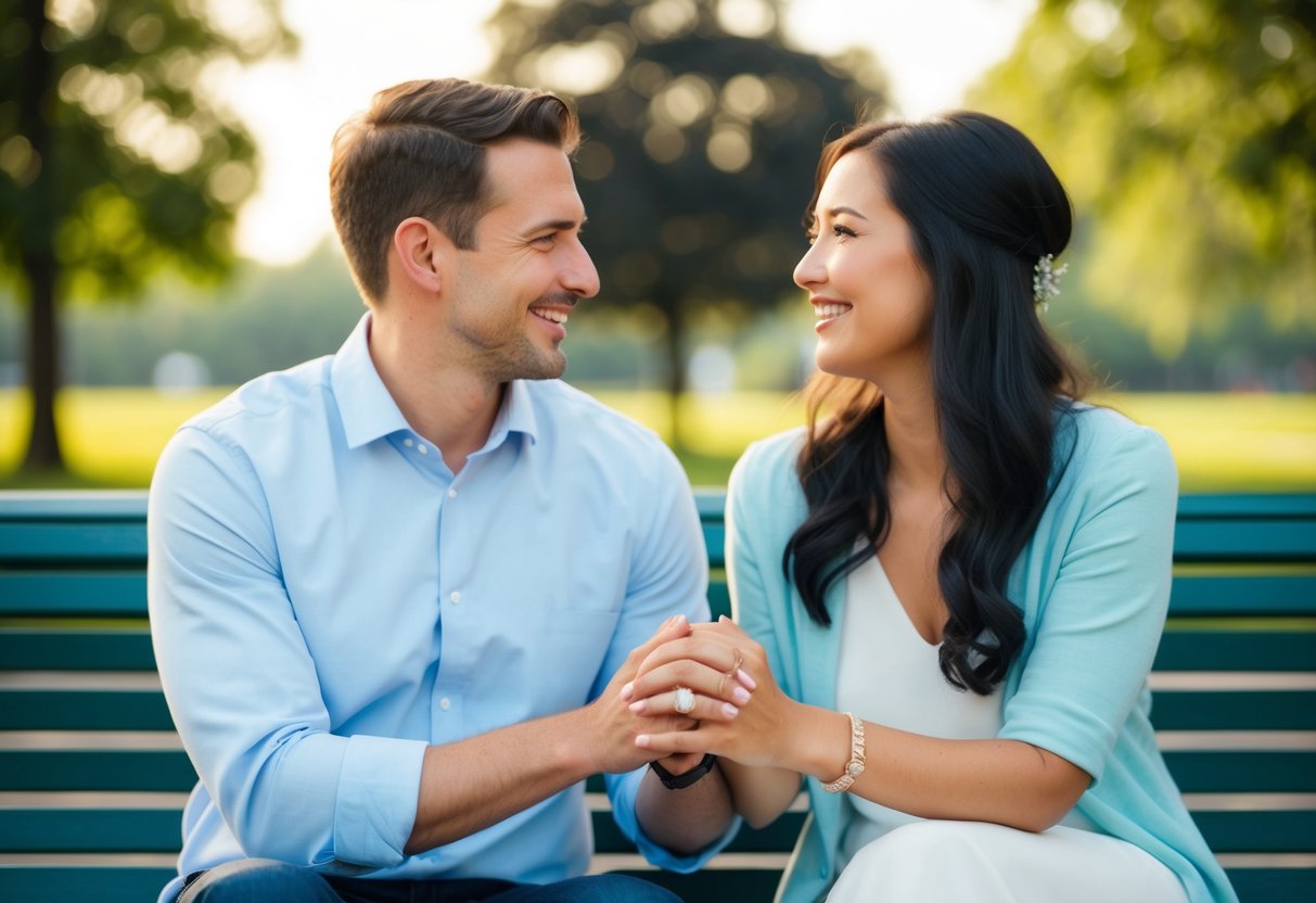 A couple sitting on a park bench, hands intertwined, smiling at each other. The absence of wedding rings is noticeable but does not detract from the deep connection evident in their body language