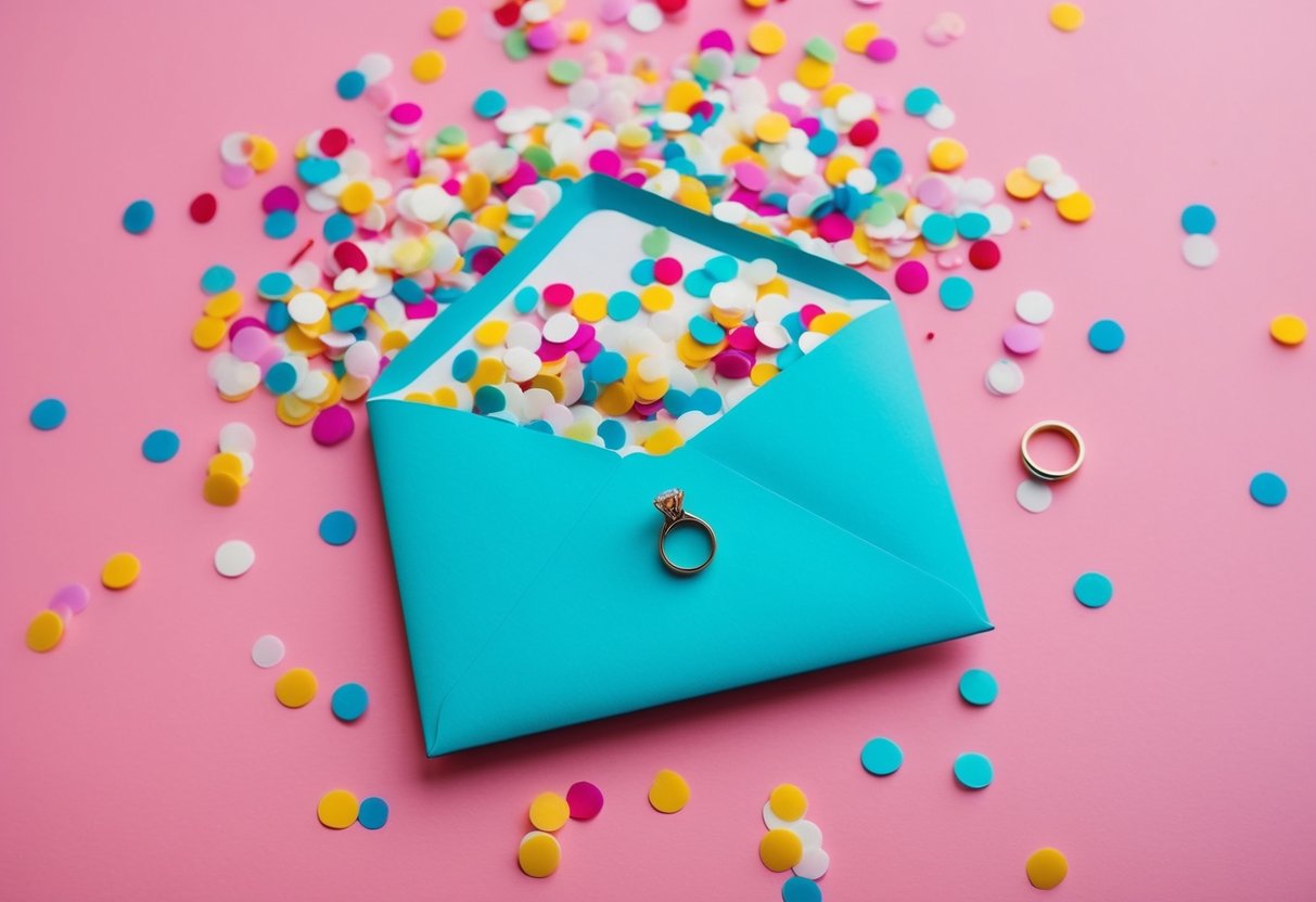 A colorful envelope bursting with confetti and a wedding ring