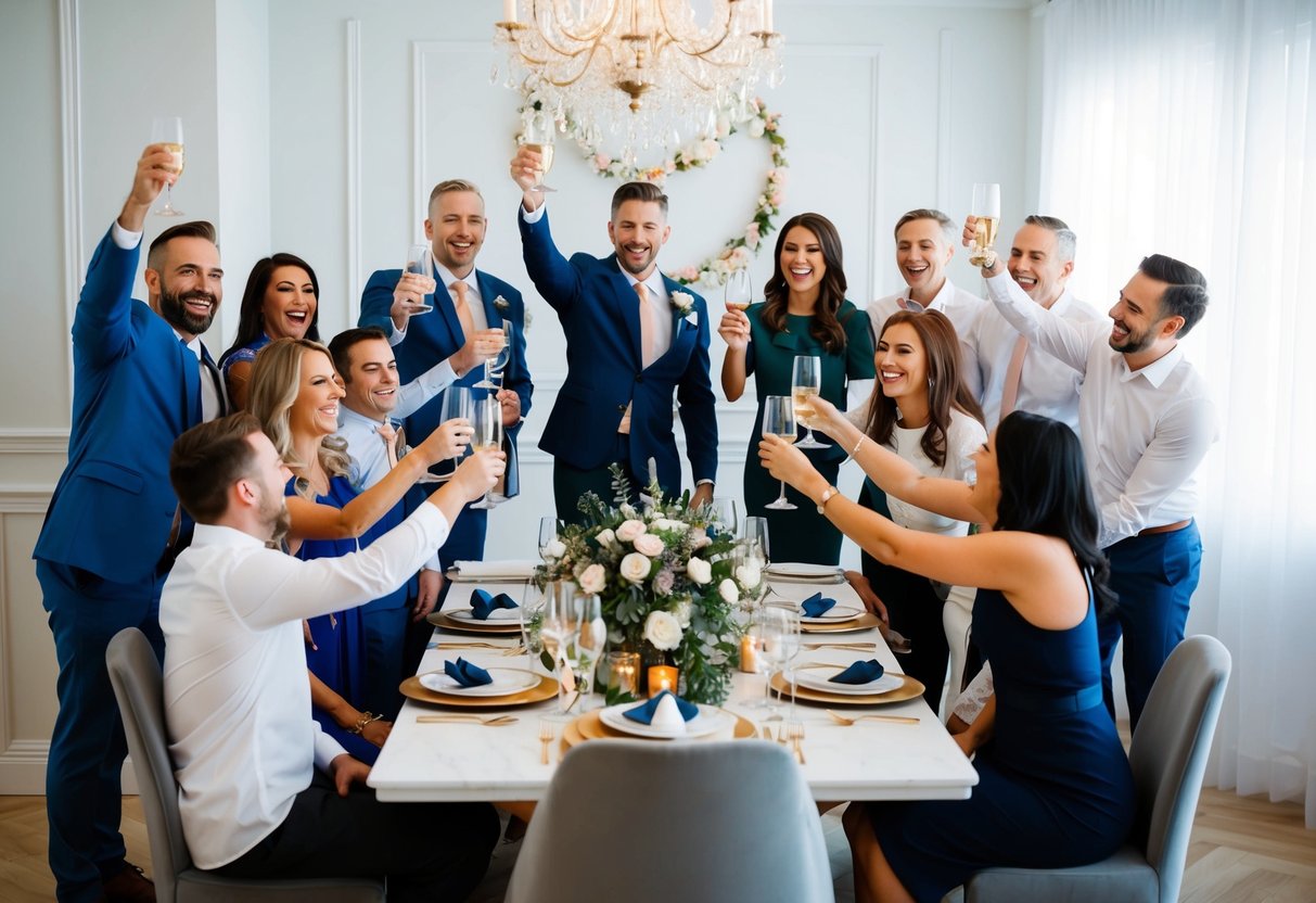 A group of excited friends and family members gathered around a beautifully decorated table, raising their glasses in celebration as a couple reveals their surprise wedding announcement on social media