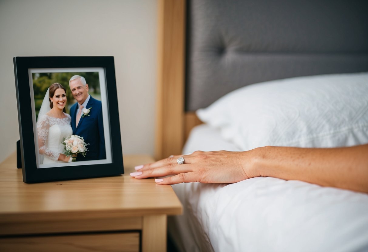 A woman's hand with a wedding ring placed on a bedside table next to a framed photo of her and her late husband