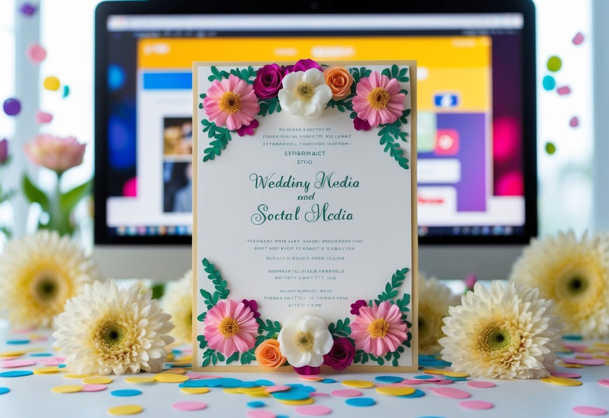 A beautifully decorated wedding invitation surrounded by flowers and confetti, with a computer screen displaying a social media platform in the background
