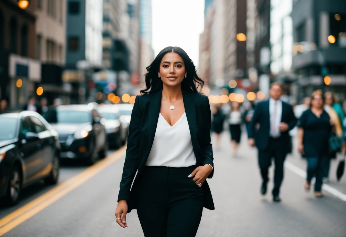 A single woman wearing a wedding ring while confidently strutting down a bustling city street, exuding independence and self-assuredness