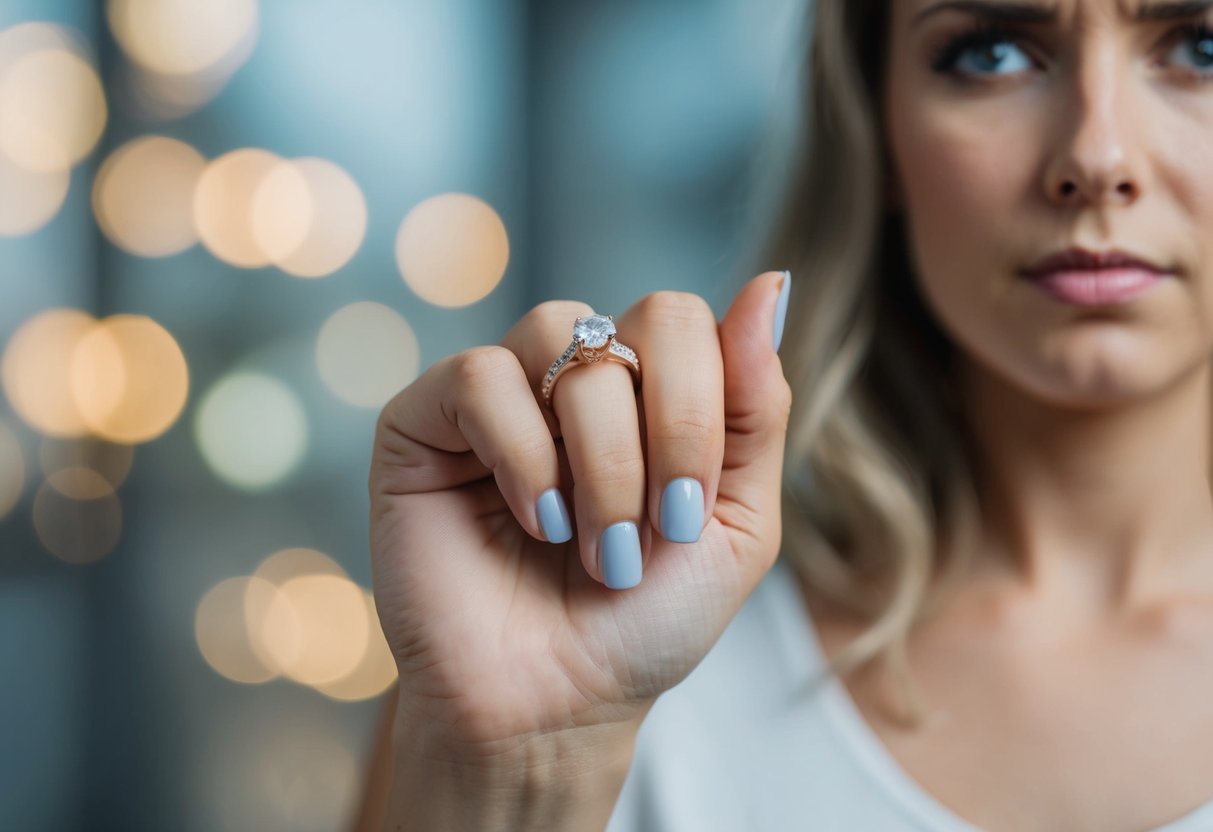 A single woman's hand holding a wedding ring, with a conflicted expression on her face