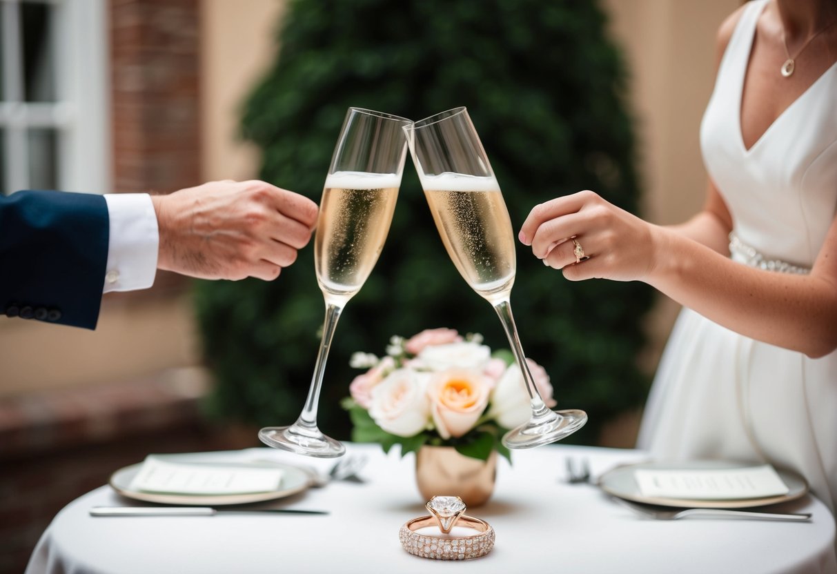 A couple clinking champagne glasses in front of a decorated table with a ring and flowers