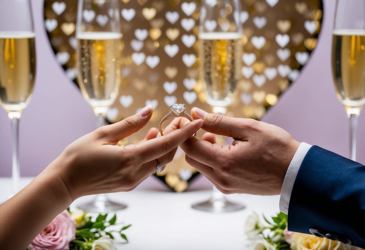 A couple's hands holding a sparkling diamond ring, surrounded by flowers and champagne glasses, with a heart-shaped backdrop