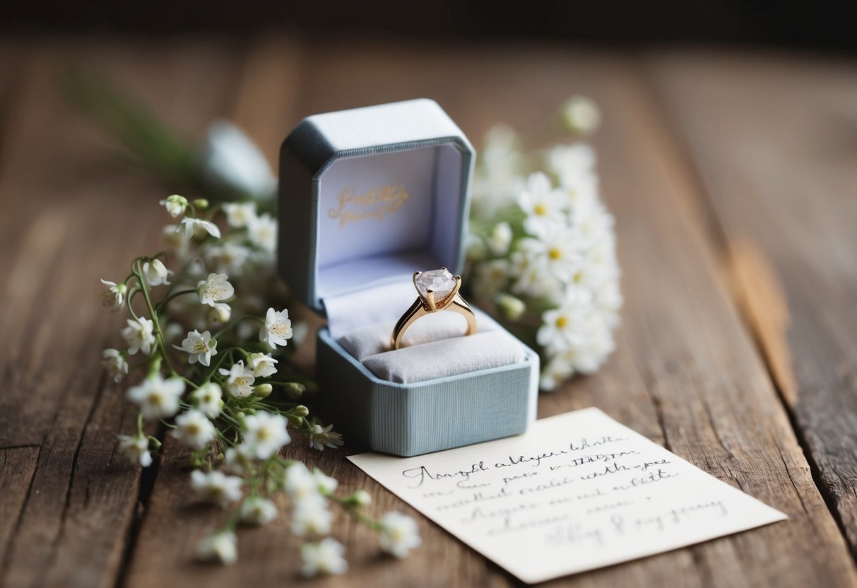 A ring box surrounded by delicate flowers and a handwritten note
