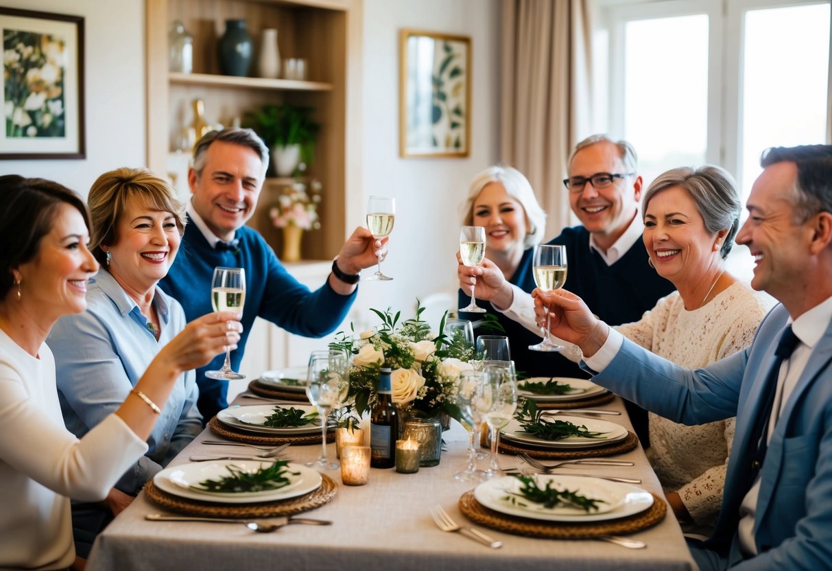 A cozy living room with a table set for a small wedding dinner, surrounded by happy family members and a few close friends, smiling and raising their glasses in celebration