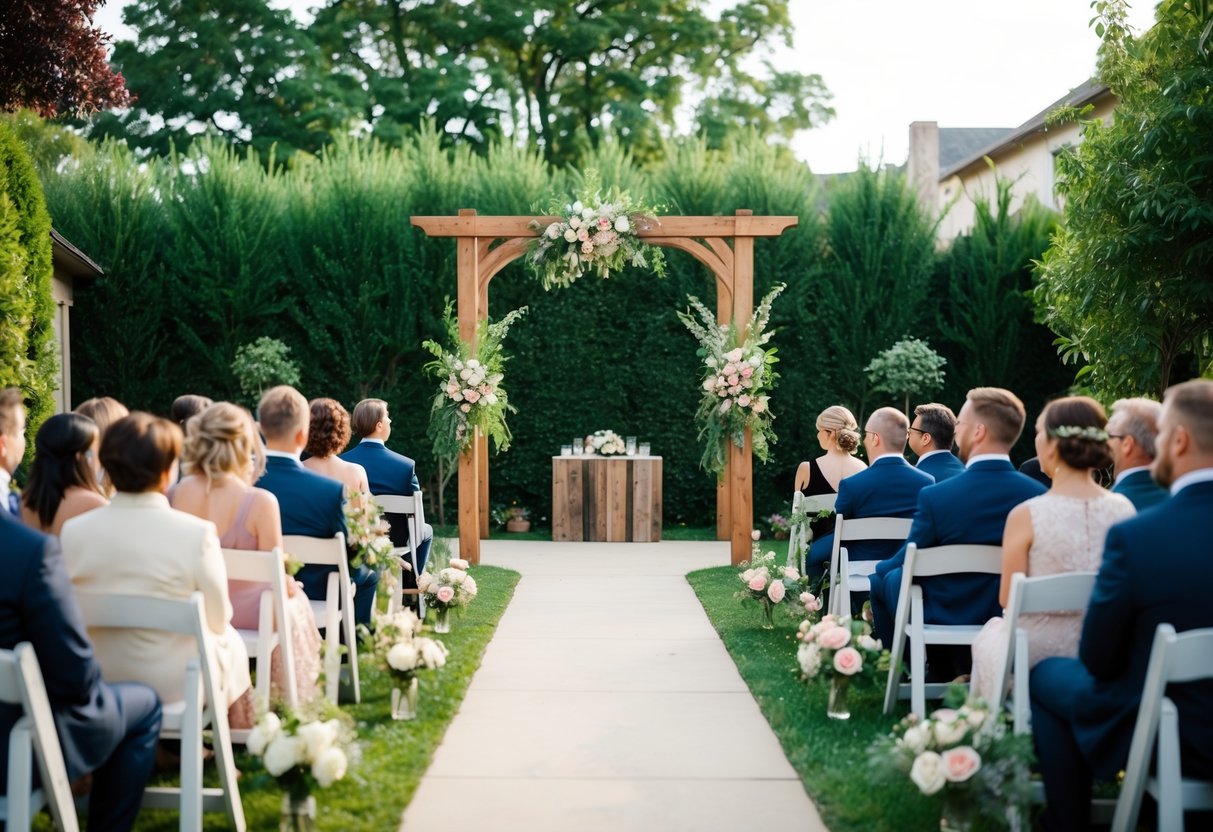 A cozy backyard with a rustic wooden arch adorned with flowers, surrounded by intimate seating for a small wedding ceremony