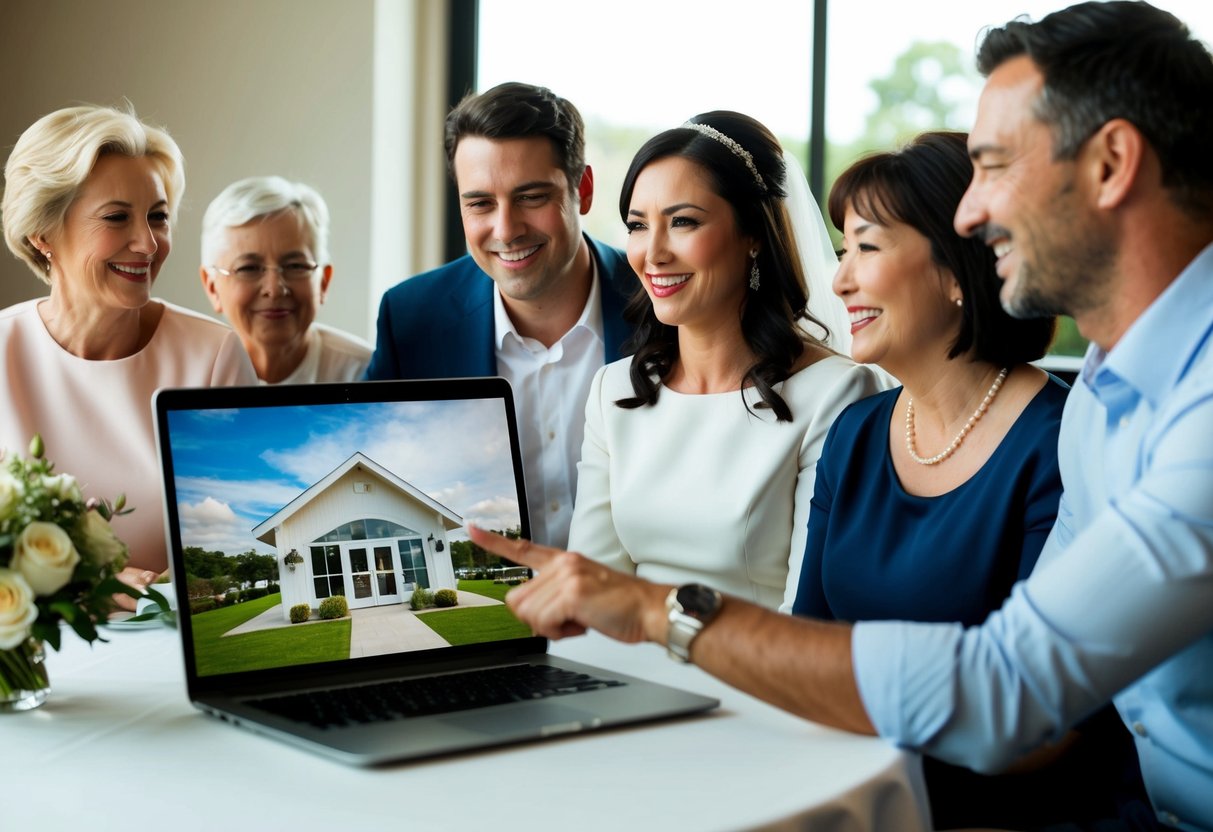 A couple sits at a table, surrounded by close family members. They are smiling and gesturing towards a small wedding venue on a laptop screen