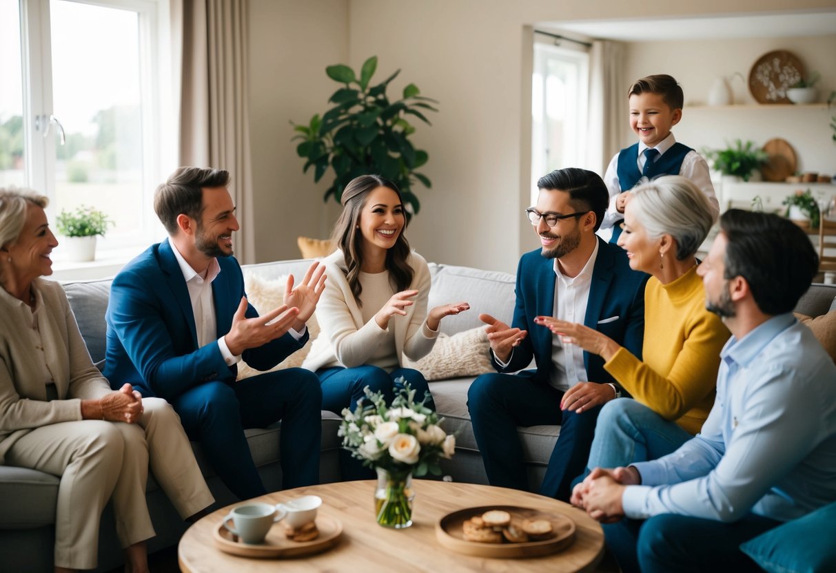 A couple sitting around a cozy living room, gesturing and smiling as they share the news of their small wedding with their family members