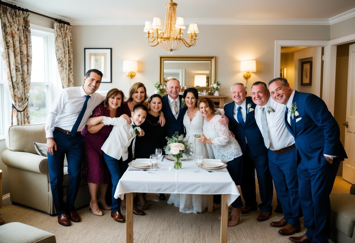 A cozy living room with a small table set for a wedding dinner, surrounded by happy family members hugging and smiling