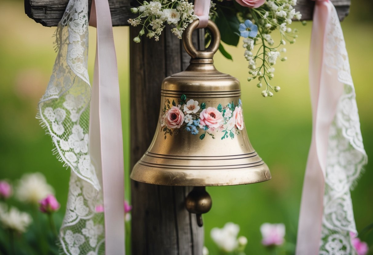 A vintage bell with floral decor hangs from a rustic wooden post, surrounded by delicate lace ribbons and flowers