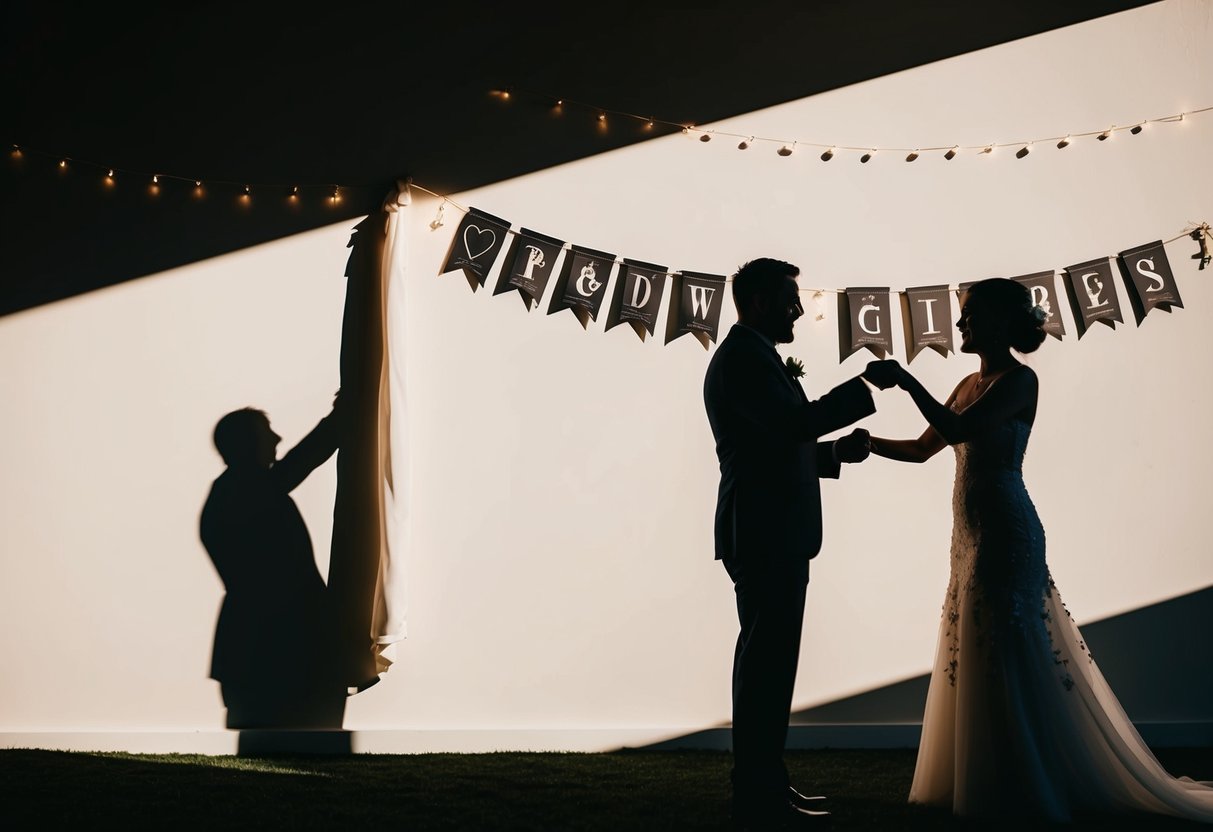 A couple's silhouette casting a shadow on a wall as they hang a banner with wedding details