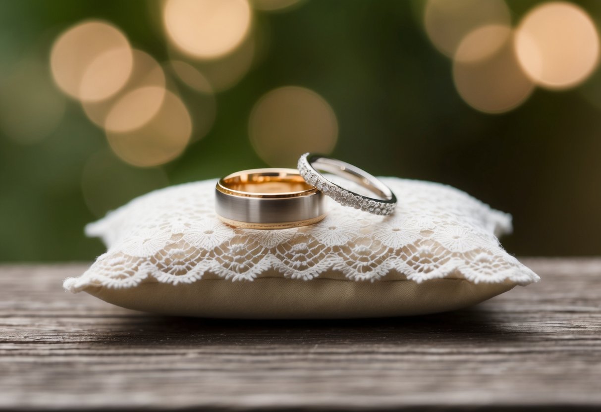 A pair of wedding rings resting on a delicate lace pillow
