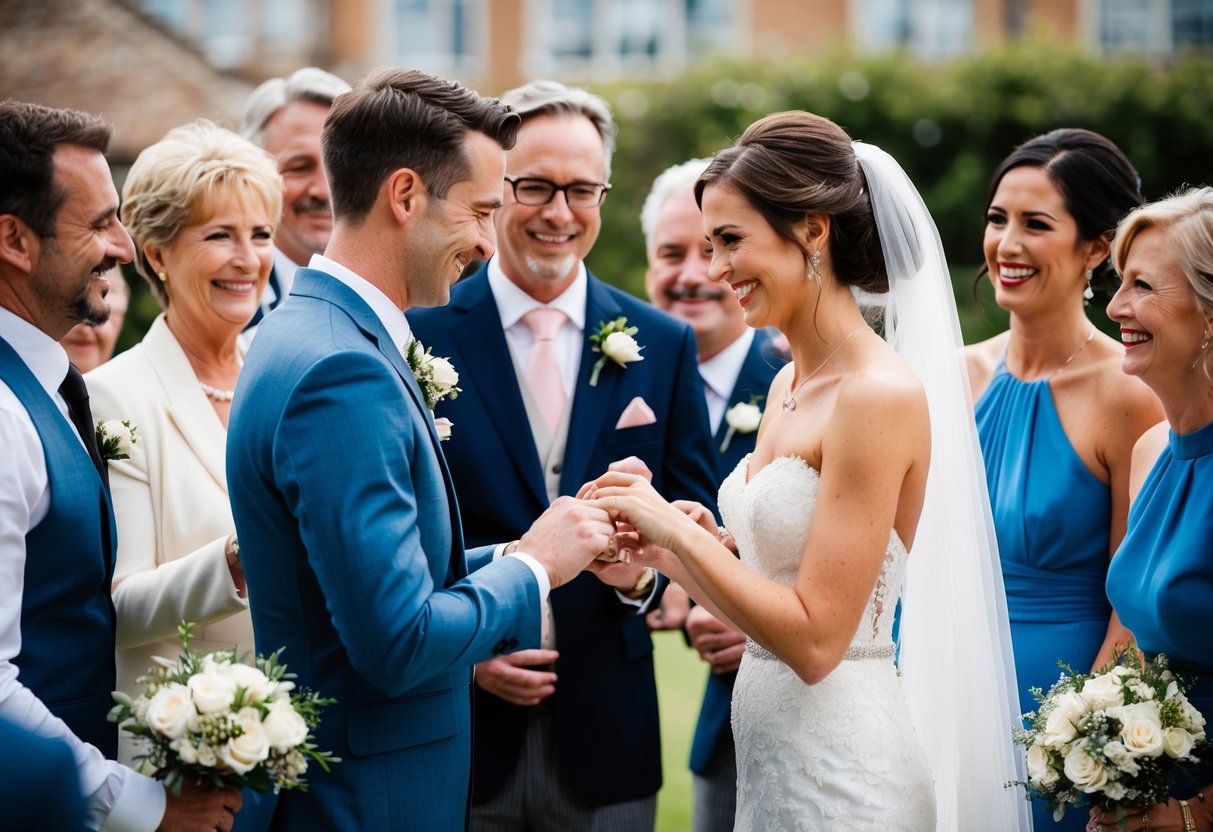 A bride and groom exchanging rings, surrounded by family and friends, smiling and congratulating the newlyweds