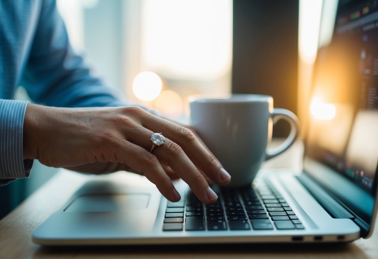 A hand reaching for a daily item, such as a coffee mug or a computer keyboard, with an engagement ring prominently displayed