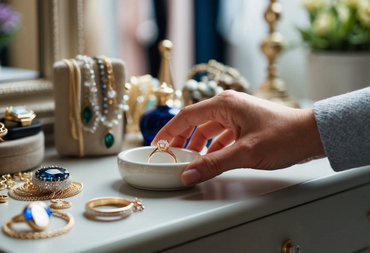 A hand reaching for a ring dish on a dresser, surrounded by a collection of other jewelry and accessories