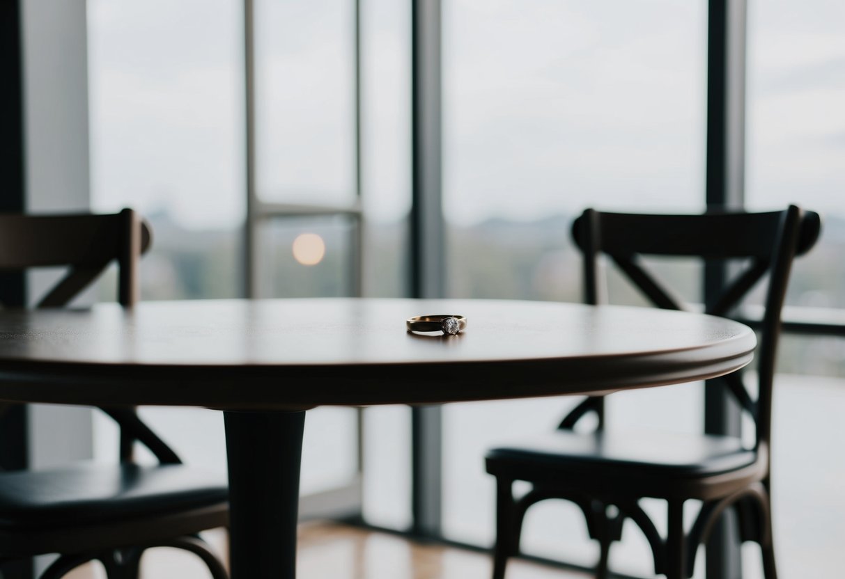 A table with two empty chairs, one with a single wedding band resting on the surface