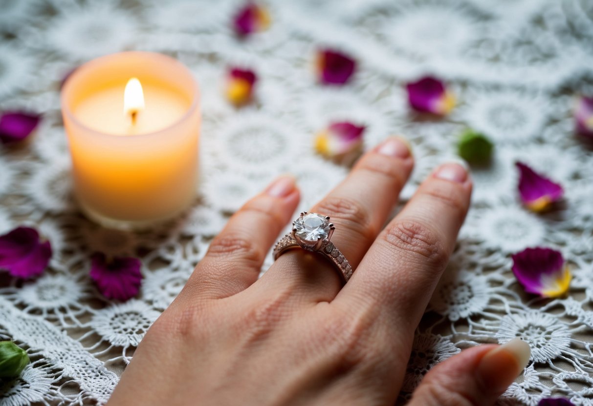 A bare ring finger resting on a lace tablecloth, surrounded by scattered flower petals and a flickering candle