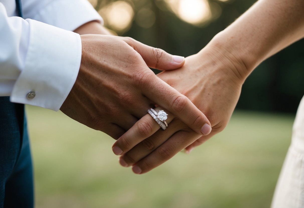 A couple's hands with one hand wearing a wedding band and the other hand bare, symbolizing the decision some couples make to skip the traditional wedding band